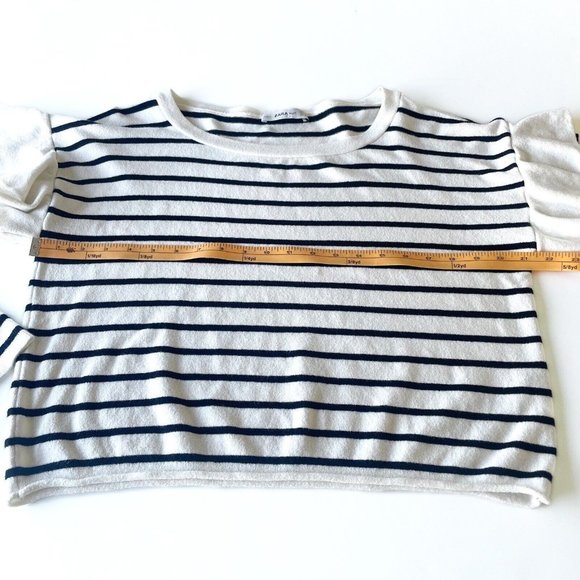 Zara Ruffle Sweater Sz Small Blue White Stripe Long Sleeve Knit Pullover Stretch - Picture 10 of 11